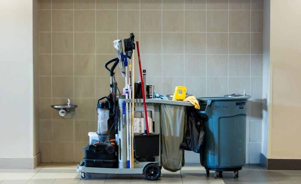 Professional cleaning supplies organized on a service cart
